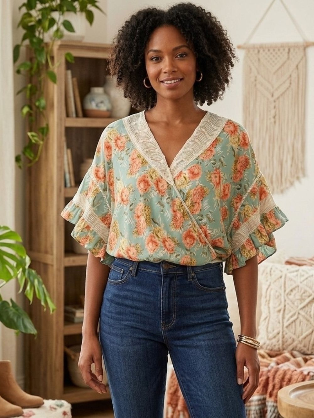 ​GiGio Green Floral Faux Wrap Kimono Sleeve Blouse L Cream Crochet Lace Boho